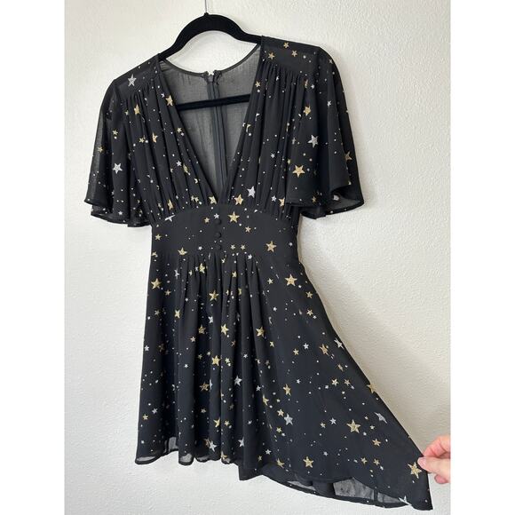 Privacy Please Ford Black Metallic Gold Silver Star Deep V Short Sleeve Dress XS - Picture 6 of 15